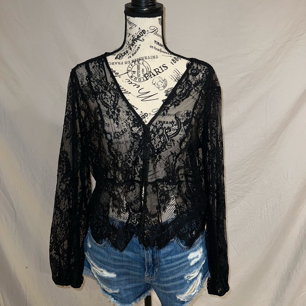 H&M Black Lace Button Down Blouse